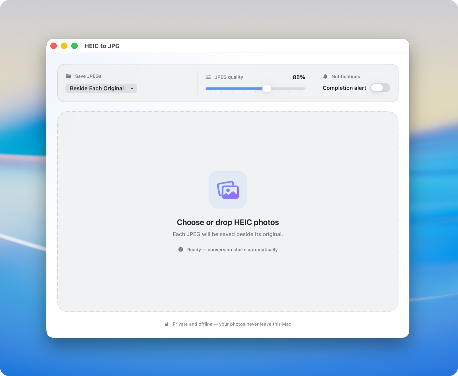 HEIC to JPG window with drop zone, JPEG quality slider, and save options