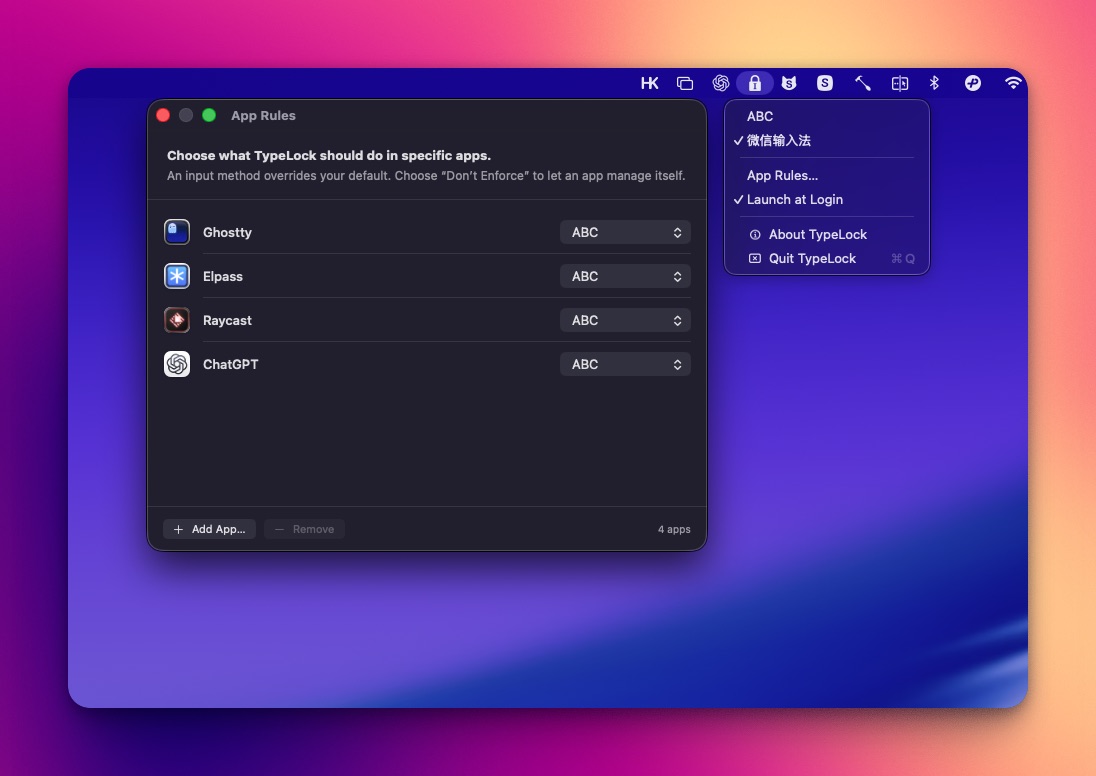 TypeLock App Rules window locking apps to ABC, and the menu bar menu with a Chinese input method as the global default